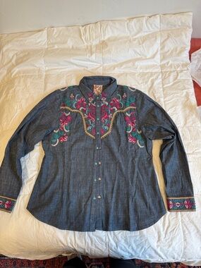 Johnny Was Denim-Effect Button-Down Shirt with Pink, Teal & Gold Embroidery